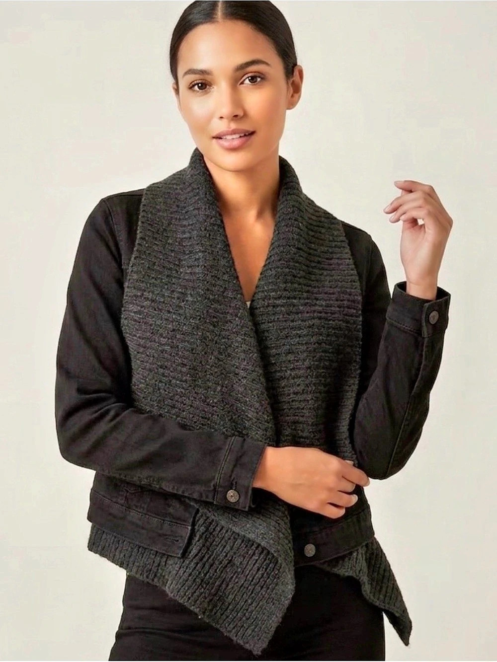 Abercrombie Black Denim Jacket With Knit Scarf